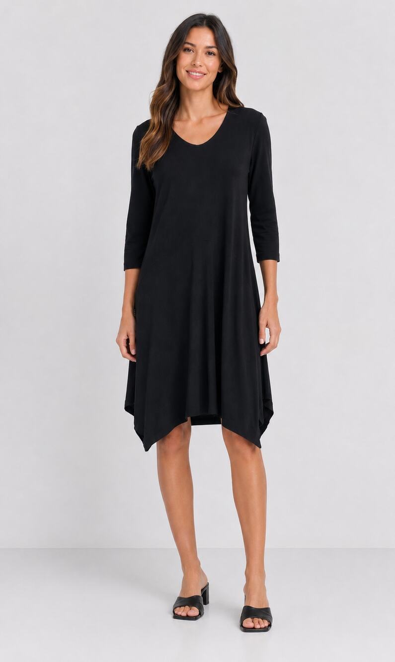 Eileen Fisher Womens Black 3/4 Sleeve Knee Length Dress Size Medium Asymmetric